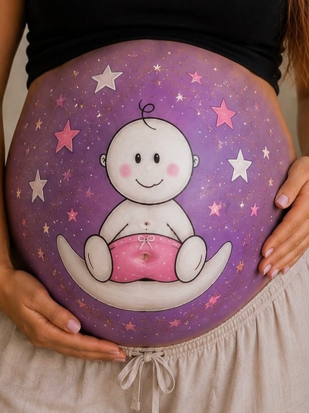 belly painting μωρό πάνω σε φεγγάρι με αστέρια — Maison Blush Mama